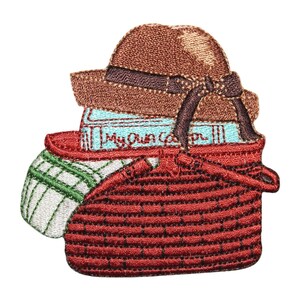 May include: Embroidered patch featuring a red woven basket with a plaid blanket, a blue book with the text "My Own Cozy Corner", and a brown hat with a brown ribbon.