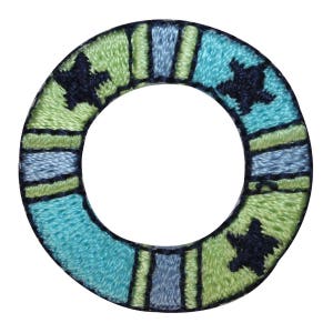 May include: A round, blue, green, and white embroidered patch with a geometric design. The patch has a hole in the center.