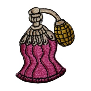 May include: A pink and gold embroidered iron-on patch of a vintage perfume bottle with a detailed design.