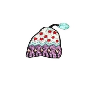 May include: An embroidered iron-on patch featuring a purple and white mushroom with red polka dots and a green stem.
