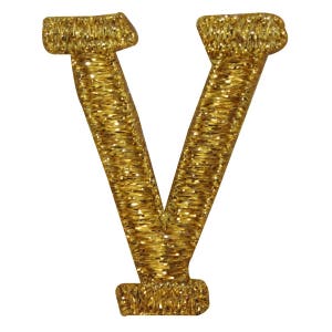 May include: A gold glitter letter V. The letter is embroidered with gold thread and has a shiny, sparkly finish.
