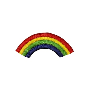 May include: A rainbow-colored embroidered patch in the shape of an arc. The patch is made of red, orange, yellow, green, blue, and purple thread.