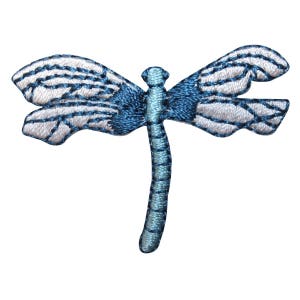 May include: A blue and white embroidered dragonfly patch. The dragonfly has a long, slender body and delicate wings.