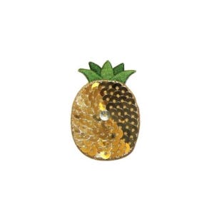Può includere: Un ananas dorato con paillettes e foglie ricamate verdi.