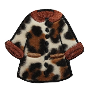 May include: A brown, black, and white leopard print iron-on patch in the shape of a jacket. The jacket has a brown collar, brown cuffs, and two brown pockets.