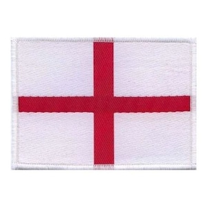 May include: A rectangular patch depicting the flag of England. The flag is white with a central red cross. The patch has a white stitched border around the edges.