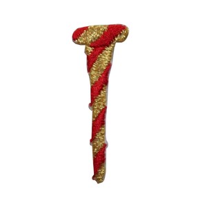Könnte beinhalten: Aufbügel-Patch in Form eines Zuckerstangs mit roten und goldenen Streifen.