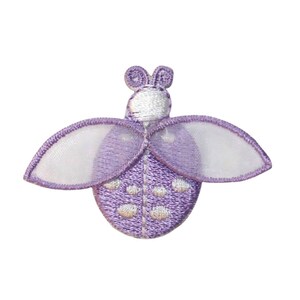 May include: Purple embroidered iron-on patch of a ladybug with white wings and white spots.