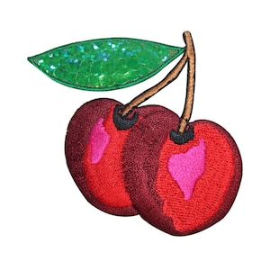 May include: A red and pink embroidered cherry with a green sequined leaf.
