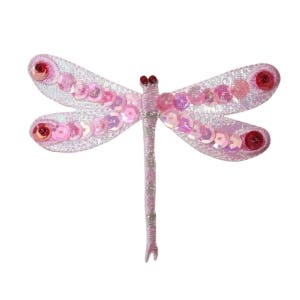 May include: Pink sequined dragonfly applique with red accents.