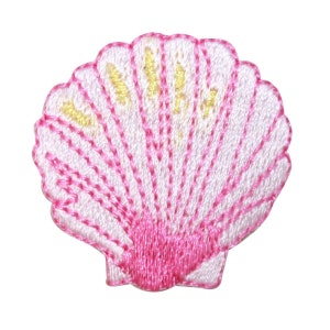 May include: Pink embroidered seashell patch with yellow accents.