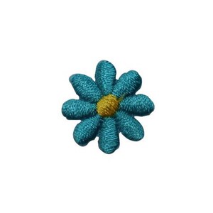 Könnte beinhalten: Eine kleine, türkisblaue gestickte Blume mit gelber Mitte.