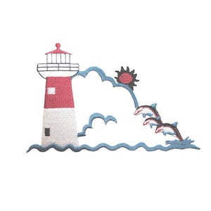 May include: Embroidered patch featuring a red and white lighthouse with a black window, a blue and white cloud with a red sun, and three white and red dolphins jumping out of blue water.