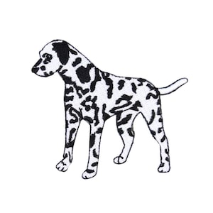 May include: Black and white embroidered patch of a Dalmatian dog standing with its tail curled.
