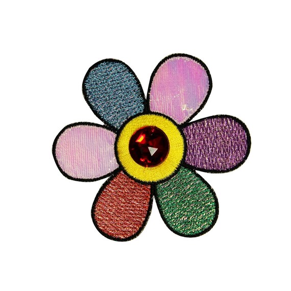 Toppa ricamata da cucire o applicare con ferro da stiro, jeans, ricamata, con fiori arcobaleno