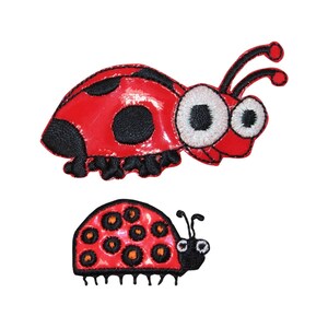 May include: Two red ladybug iron-on patches. The larger ladybug has black spots and white eyes. The smaller ladybug has black spots and a black head.