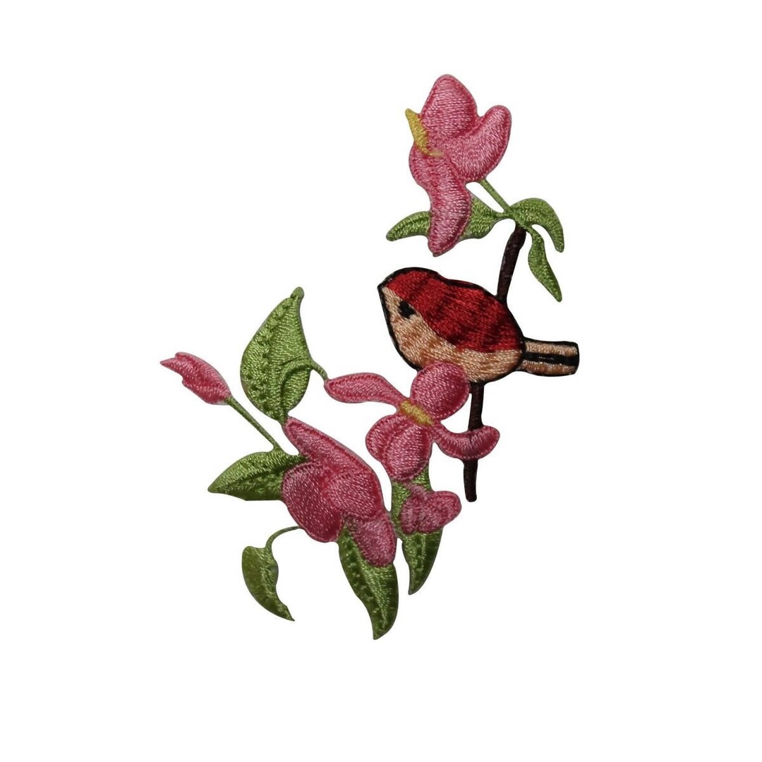 ID 6229 Pink Flower Bush With Bird Patch Garden Embroidered Iron