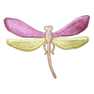 May include: A pink and yellow embroidered dragonfly with a beige body.