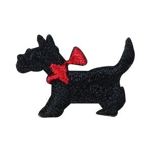 May include: Black embroidered iron-on patch of a Scottish terrier wearing a red bow tie.