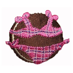 May include: Embroidered patch of a pink and white plaid bikini on a brown background.