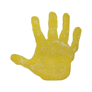 May include: A yellow handprint on a white background. The handprint is made with a textured material, giving it a rough appearance.