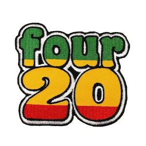 May include: Green, yellow, and red embroidered patch with the text "four 20" in a retro style font.