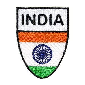 May include: An embroidered patch featuring the Indian flag. The flag is a tricolour of saffron, white, and green with a blue wheel in the centre. The word "INDIA" is embroidered in black letters at the top of the patch.