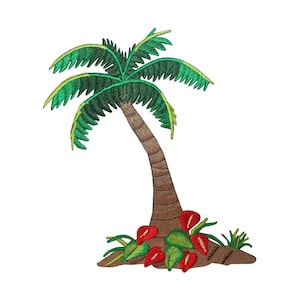 May include: Embroidered patch of a green palm tree with a brown trunk and red flowers at the base.