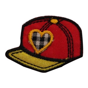 May include: Red and yellow embroidered iron-on patch of a baseball cap with a checkered heart.