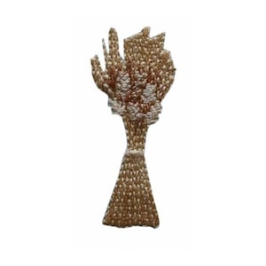May include: A golden wheat sheaf embroidery patch. The patch is made of a woven fabric and has a detailed design of wheat stalks.