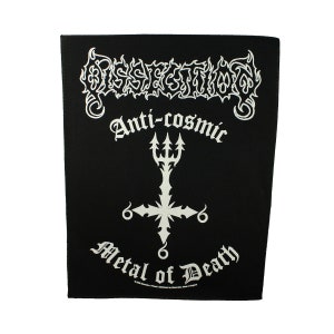 May include: Black and white embroidered patch with the band name "Desecration" in a gothic font. The patch also features the text "Anti-cosmic Metal of Death" and a stylized symbol with a trident.