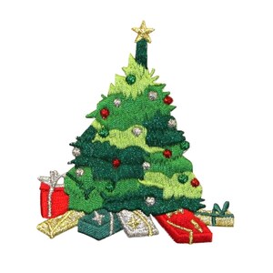 May include: Embroidered iron-on patch of a green Christmas tree with red and white ornaments, a gold star on top, and presents underneath.