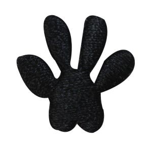 May include: Black felt hand print with four fingers and a thumb. The hand print is a simple silhouette with a textured surface.