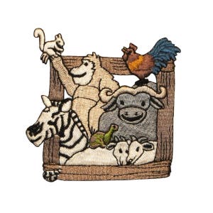May include: Embroidered patch featuring a variety of animals in a wooden frame. The animals include a zebra, a monkey, a buffalo, a rooster, a squirrel, and two goats.