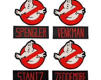 Set of 8 Ghostbusters Group Uniform Name Tags & No Ghost Signs Iron-On Applique Patches