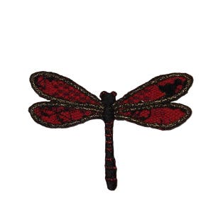 May include: Red and black dragonfly with gold accents, embroidered fabric patch.