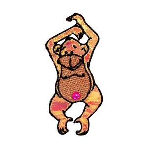 May include: A brown and orange monkey with a pink gem on its belly, hanging upside down with its arms raised above its head. The monkey is embroidered with a sparkly iridescent finish.