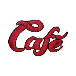 May include: Red embroidered patch with the word "Cafe" in a stylized script font.