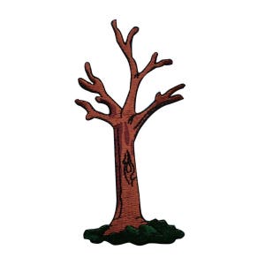 May include: A brown tree with bare branches and a green base. The tree is isolated on a white background.