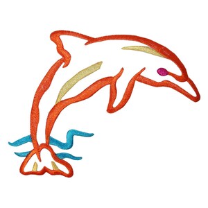 May include: Orange and yellow stylised line drawing of a dolphin leaping out of the water. The dolphin has a pink eye and is outlined in a darker orange.
