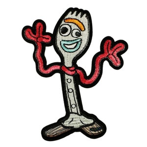 May include: A cartoon character shaped like a fork with a red and white scarf, blue eyes, and a big smile. The character is wearing red and white shoes and has a yellow stripe on its head.