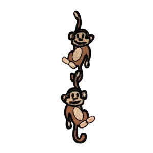 May include: Two brown monkeys with black outlines are hanging from a vine. The monkeys are smiling and have black eyes. The vine is black and has a brown outline.