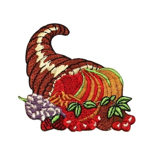 May include: Embroidered patch of a cornucopia overflowing with red, green, and purple fruits and berries. The cornucopia is brown and white with a gold trim.