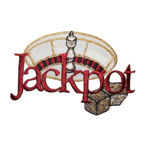 May include: Embroidered iron-on patch with the word "Jackpot" in red lettering. A gold and white roulette wheel with a white marker is above the word. Two gold dice are below the word.