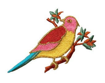 May include: Embroidered iron-on patch of a yellow, pink, and red bird perched on a branch with green leaves. The bird has a blue tail.