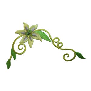 May include: A yellow flower with a green centre and green leaves on a green vine with a swirl design.