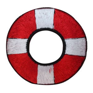 May include: Red and white embroidered life preserver patch. The patch is circular with a hole in the center.