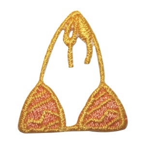 May include: A gold embroidered bikini top patch. The bikini top is outlined in gold thread and has a pink and gold pattern.