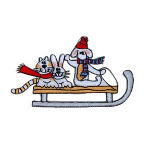 May include: An embroidered iron-on patch featuring a white cat, a white rabbit, and a white dog wearing a red hat and blue scarf, all riding in a silver sledge.