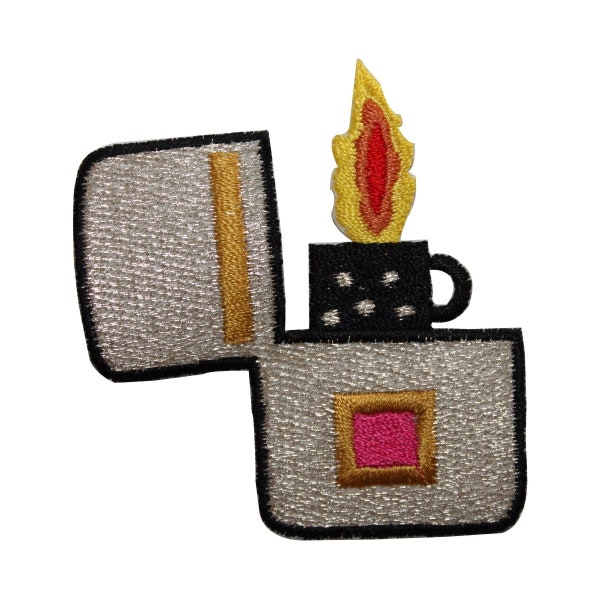 ID 7970 Silver Lighter With Flame Patch Smoke Fire Embroidered Iron On Applique